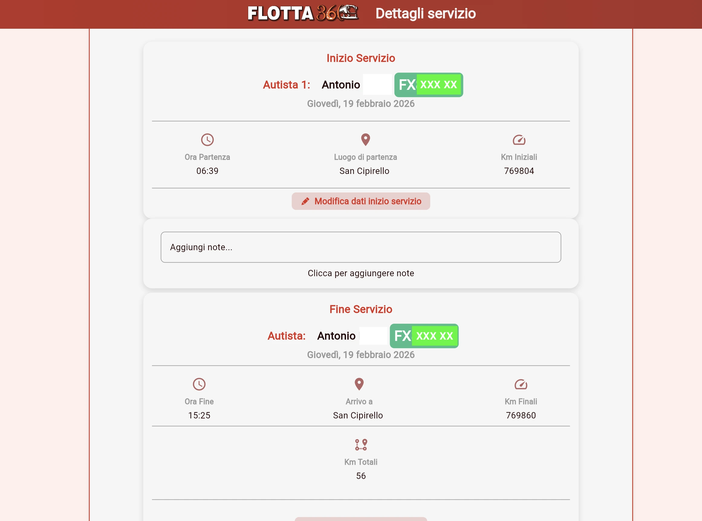 Flotta 360 — foglio di servizio